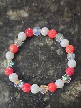 Handmade Red Agate, Crystal and White Beaded Bracelet